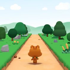 a cartoon bear walking down a dirt road