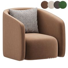 a brown chair with pillows on it and four different color swatches in the background