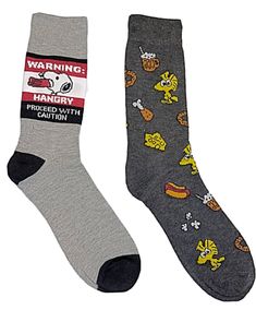 PEANUTS Men’s 2 Pair Of Socks ‘WARNING HANGRY PROCEED WITH CAUTION’ - Novelty Socks for Less Peanuts Snoopy Socks, Proceed With Caution, Point Design, Snoopy Woodstock, Novelty Socks, Snoopy And Woodstock, Pretzels, Woodstock, Sock Shoes