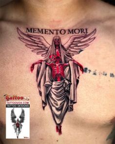 a man with a tattoo on his chest has an angel and the words, mementoo mori