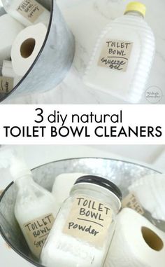 three pictures showing how to make toilet bowl cleaners for the bathroom with 3 diy natural cleaning tips