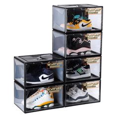 four clear boxes with different types of shoes in them, each containing an individual's shoe