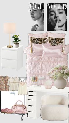 a bedroom with white furniture and pink accessories on display next to pictures above the bed