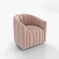 a pink chair sitting on top of a white floor