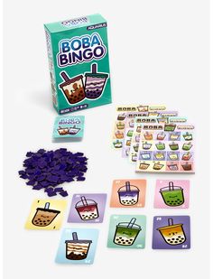 the card game boba bingo is in front of its box and it's contents