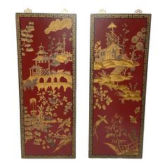 This pair of Asian panels are a striking statement!  Hand-painted with black and gold chinoiserie landscape with architectural scenes. Decorative wall mount brass brackets for a completed look and for easy hanging. Measurements provided is for one panel. Chinoiserie Panel, Asian Room, Brass Brackets, Vintage Brass Decor, Asian Wall Art, Asian Home Decor, Silver Decor, Wood Panels, Asian Decor