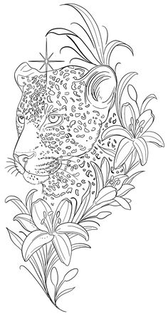 a black and white drawing of a leopard surrounded by flowers