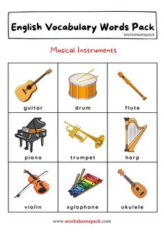 an english worksheet with pictures of musical instruments and music instruments, including the words