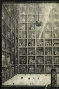 an old drawing of a room with lots of books on the walls and people walking around