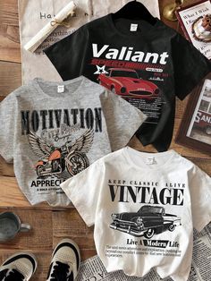 Set Of 3 Vintage Car And Motorcycle Print Round Neck Short Sleeve T-Shirt, Casual And Retro For Tween Boys, Summer Multicolor Casual    Car,Colorblock,Graphic,Letter,Slogan  Slight Stretch  Tween Boys Clothing, size features are:Bust: ,Length: ,Sleeve Length: Moto Vintage, Boys Summer, Vintage Auto, Car Shirts, Printed Trousers, Boys Top, Boys Casual, Kids Sleepwear, Boys Clothing