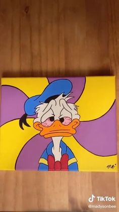 a painting of a cartoon duck wearing a blue hat