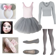 a woman in grey and pink outfit with mouse ears on her head, gray ballet shoes