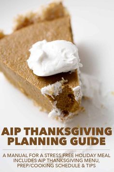 an advertisement for a thanksgiving meal with a piece of pie and whipped cream on top