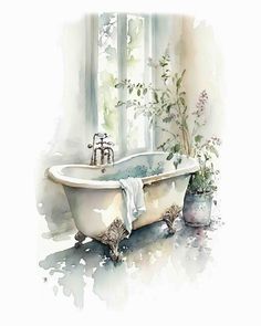 a watercolor painting of a bathtub with flowers in the window sill next to it