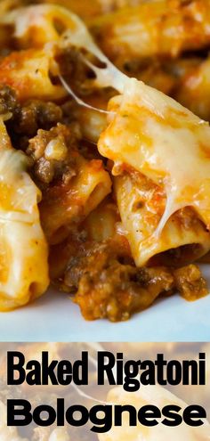 baked rigatoni bolognesee on a white plate with text overlay