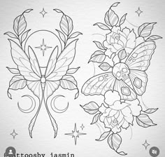 two flowers with butterfly wings and stars in the background