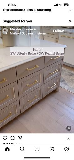 a kitchen counter top with gold handles and drawers on the bottom is shown in an instagram