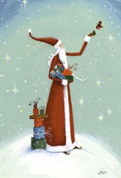 a painting of santa claus with presents in his hand