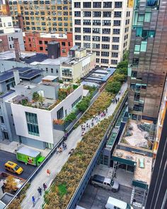 an aerial view of a city with tall buildings and people walking on the sidewalks