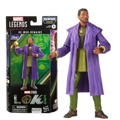 the action figure is in its box and it looks like he's wearing a purple coat