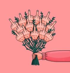 a hand holding a bouquet of flowers with fingers pointing at it on a pink background