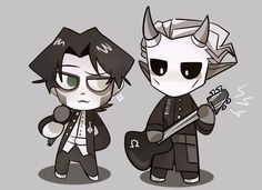 two cartoon characters one with horns and the other with glasses holding a guitar in his hand