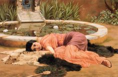 a painting of a woman laying on the ground in front of a pond with water lilies