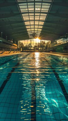 an indoor swimming pool with sun reflecting off the water and lights on it's sides