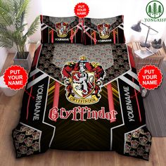 the bedding is made up with hogwart's crests