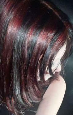 Chunky Highlights Burgundy, Brown And Red Chunky Highlights, Black Hair With Wine Red Highlights, Red Hair With Purple Streaks, Burgundy Hair With Black Highlights, Black With Red Highlights Short, Black And Red Skunk Hair, Emo Chunky Highlights, Brown Hair Black Streaks