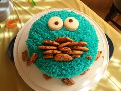 a cake decorated to look like a cookie monster