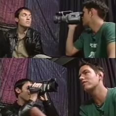 four different shots of a man with a camera and another person holding a video camera in front of him