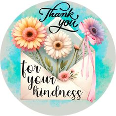 thank you for your kindness card with flowers in an envelope on a watercolor background