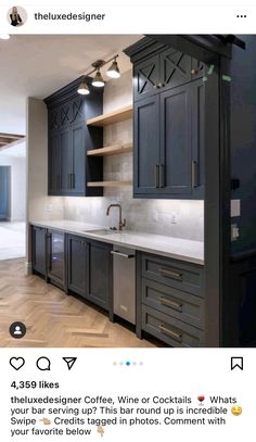 an instagramted photo of a kitchen with dark cabinets