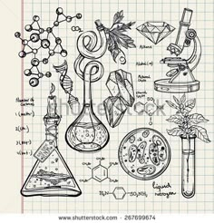 hand drawn science doodles on lined paper with lab supplies and laboratory equipment, including flasks