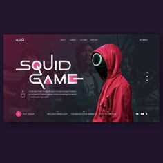 a web page with the words squid game on it and a man in a red hoodie