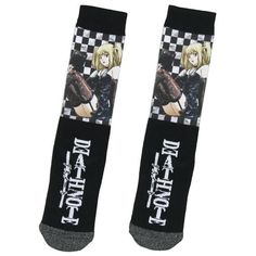 Death Note crew socks. Death Note is a mega-popular manga turned anime. The psychological thriller mystery set the bar for other works at the time. It has excellent characters like L, Light Yagami, Ryuk, Near, Mello, and more! Each pair of these Death Note crew socks features a detailed character design of Misa Amane on the top half and a Death Note logo on the feet. These are a must-have for any Death Note fan! The toes and heels have extra padding for strategic cushioning to maximize absorptio Misa Amane, Psychological Thriller, Popular Manga, Light Yagami, Psychological Thrillers, Cute Socks, Athletic Socks, Sock Shop, Mens Socks