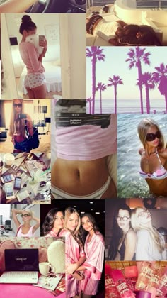 collage of photos with women in bikinis and palm trees