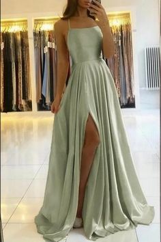 Charming Spaghetti Straps Satin Evening Dress with Side Slit - Prom Dresses Green Wedding Guest Dresses, Cheap Prom Dresses Long, Beautiful Dresses For Women, Cheap Bridesmaid Dresses, Dress Up Costumes, Prom Dresses Online, Cheap Prom Dresses