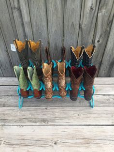 "This is a two level boot rack that can organize up to six pairs of your boots. The boot rack in this picture has a turquoise finish. It is specifically designed to keep dirt from the bottom of the shoes, from falling into the boots on the first level. The boots are not right above each other. If your looking for a great way to organize your closet, entry way or another place shoes and boots go crazy, this is a perfect organizer for you. If you have any questions about this item please message m Diy Boot Storage, Horseshoe Boot Rack, Boot Organizer, Gothic Western, Porch Entrance, Horseshoe Crafts Projects, Shoe Organization, List Inspiration, Boot Organization