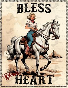 a woman riding on the back of a white horse next to an old fashioned sign