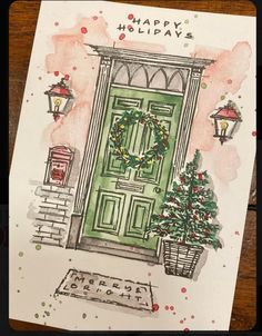 a drawing of a green door with a wreath on it and a christmas tree next to it