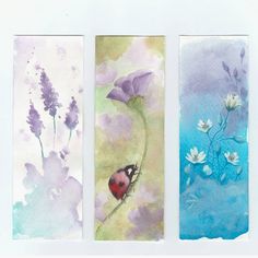 three watercolor paintings of flowers, one with a ladybug on the flower