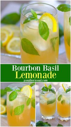 bourbon basil lemonade in glasses with limes and mint garnish on the rim