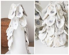 two pictures of white vases with seashells on them, one in the shape of a tree