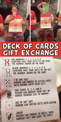 the deck of cards is being held up in front of two men with christmas stockings