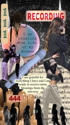 a collage of various images with words and pictures on the bottom, including an image of a woman holding a microphone