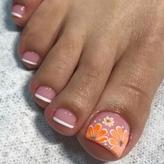 French Tip Press on Toenails Short Fake Toe Nails Orange Flower Design False Toenails Summer Cute Square Toe Nail Tips Glossy Pink Acrylic Toe Nails Glue on Toenails for Women Girls 24Pcs French Toe Nails, Fake Nails Long, Summer Manicure, Short Square Nails, Diy Nail Art, Crystal Nails