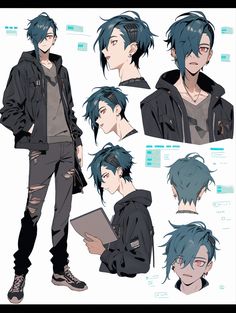 an anime character with blue hair and black clothes, holding a book in his hands