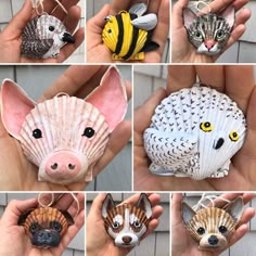 several pictures of different animals made out of seashells, including a cat and a dog